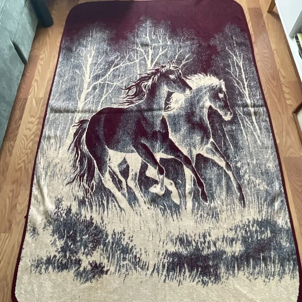 Vintage San Marcos Wild Horses Blanket Reversible Two Tone Burgundy Ivory 85x54